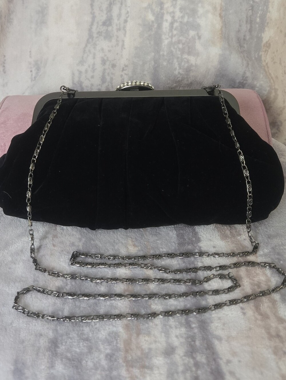 Neiman Marcus Black Velvet Evening Clutch with Chain Strap